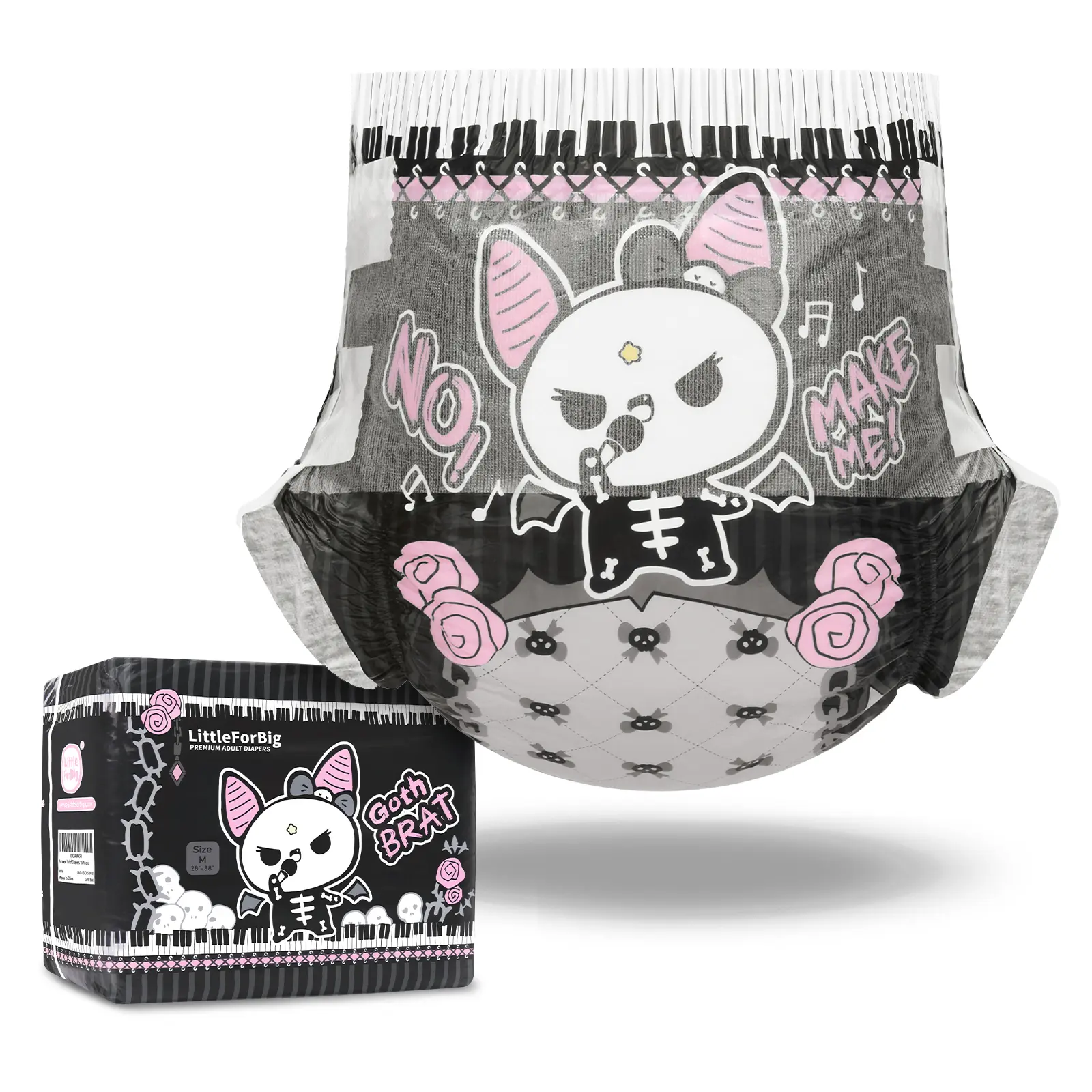 Littleforbig Goth Brat Ultra-Absorbent 7000mL Adult Diaper Pack - 10 Pieces with Bella Bat Art, High-Contrast Purples & Moody Blacks, Women's Incontinence Tab Briefs for Care Needs, Diapers Adult Diapers