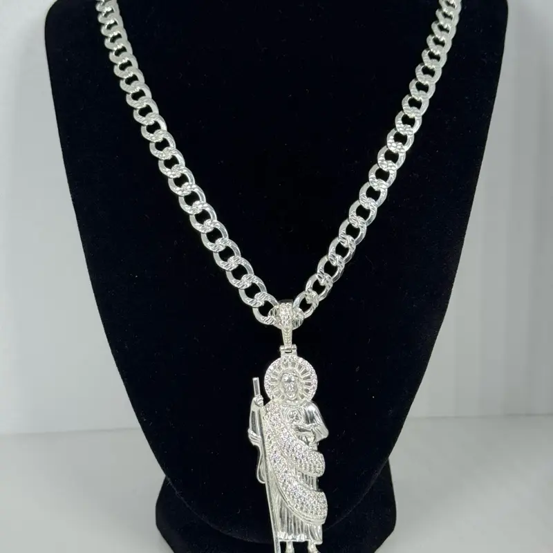 Cadena cubana con dije de san Judas Tadeo de plata 925 - 24 inch