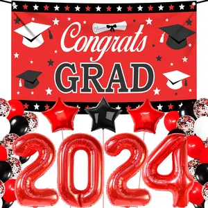 Red and Black Graduation Decorations 2024 Set - Pack of 40 | Balloons, Banner, Party Decorations | Complete Party Kit Star Backdrop