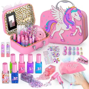 Kids Nail Polish Set for Girls Toys, Washable Quick-Dry Toddler Nail Art Kit with Air Cooling Dryer and Cosmetic Case, Christmas or Birthday Gifts for Girls Ages 3 4 5 6 7 9 10 11 12-Pink Manicure Drying Gentle Glossy Peel Storage Cutics