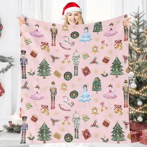 Christmas Nutcracker Throw Blankets - Pink Nutcracker Blankets Gifts For Women Girls Fairy Soldier Mouse Gift Cartoon Xmas Flannel Blankets 60 x 60 Inches