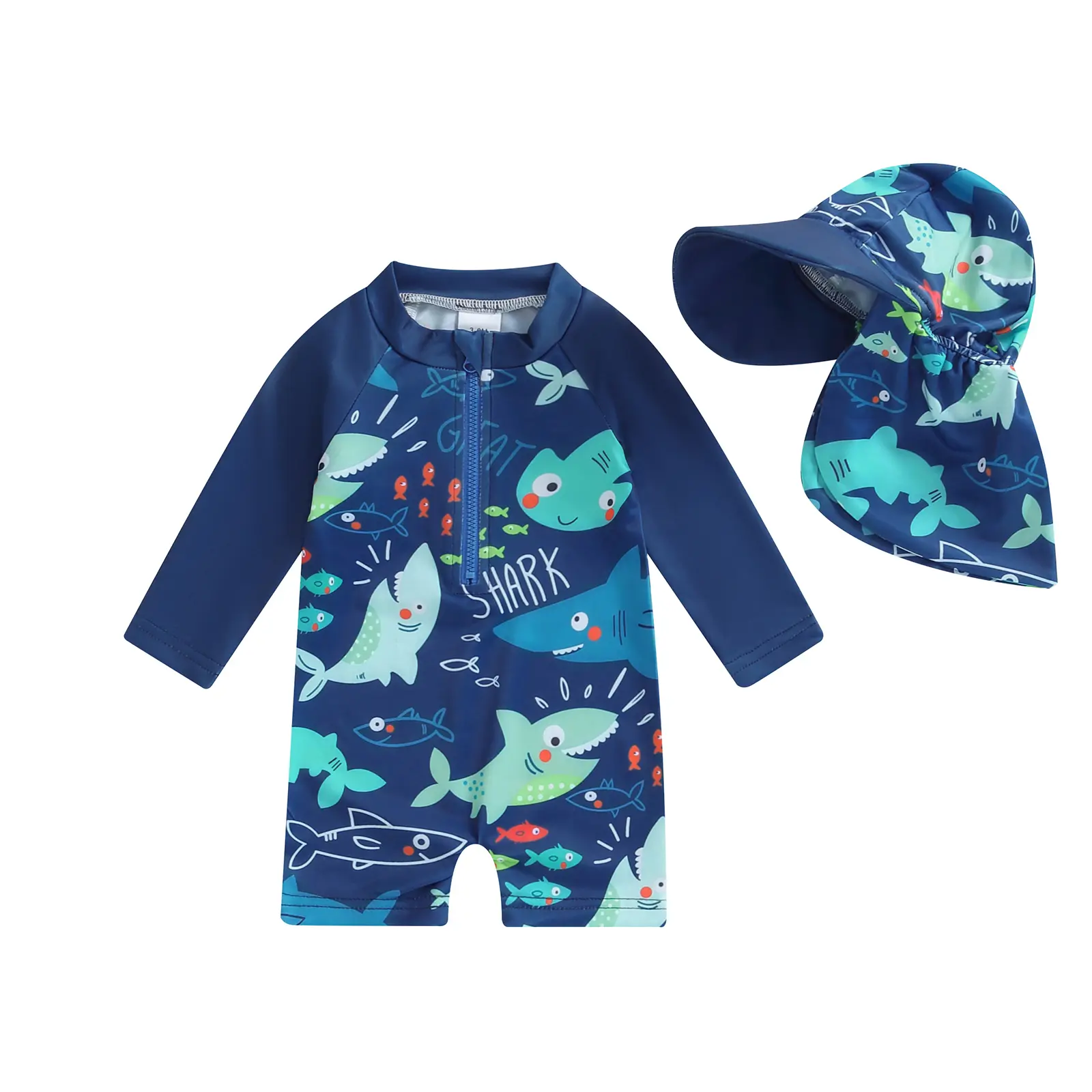 Baby Toddler Boy 2-Piece Crew Neck Long Sleeve Zipper Rash Guard Swim Kit, Multi-Size Sunsuit Bathing Suit for Beach, 3M-4T