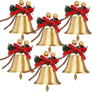 Christmas Gold Bells, 6pcs 2.4in Metal Gold Jingle Bells with Red Bow and Berry Tree Hanging Ornament, Xmas Ornament Ringbell for Christmas Tree Pendant Holiday Decoration
