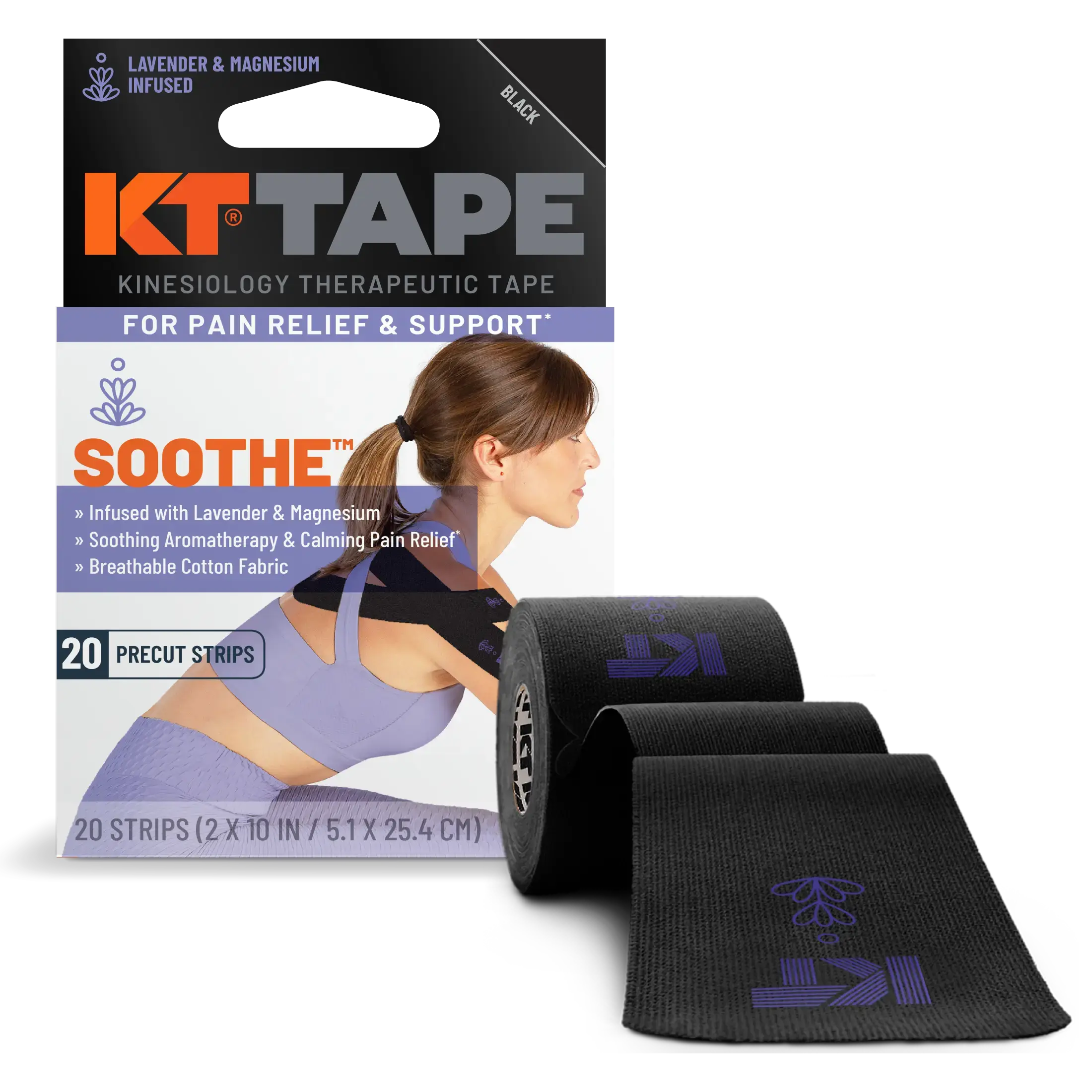 KT Tape Soothe Kinesiology Therapeutic Tape Infused with Lavender & Magnesium for Pain Relief & Support 20 Pre-Cut Strips 2 x 10 in