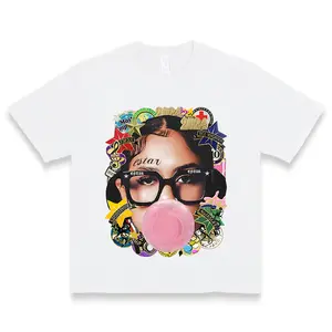Y2K Streetwear Women's Graphic T-Shirt Colorful Bubble Blowing Print with Glasses & Geometric Patterns 100% Cotton Round Neck Casual Top Machine Washable Urban Fashion Tee Trendy Streetwear Playful Design Vibrant Print Quality Casual Attire Womenswear