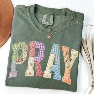 Comfort Colors Pray PRINTED T-shirt Faux Quilted Religious Faux Easter Christian Varsity Faith Tshirt Preppy Cottagecore Jesus Gift