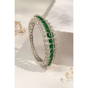 Elegant Radiance – Luxe Semi precious Emerald  Colored Stone Inlay Openable Braclet with CZ