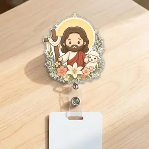 Religious Cross Badge Reel, Christian Floral Badge Holder, Bible Verse Retractable ID Clip for Nurses Teachers ELL