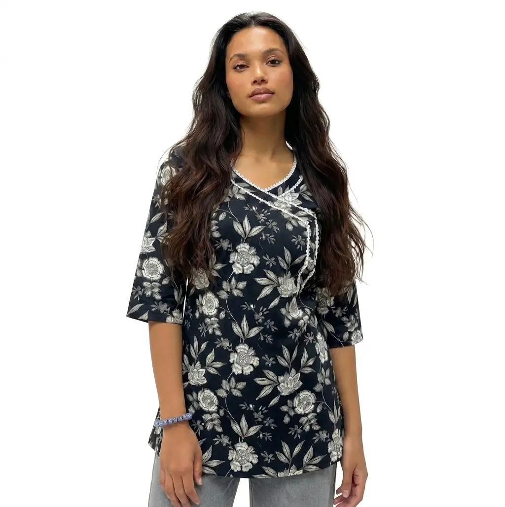 Midnight Bloom Monochrome Vintage Black Short Kurti