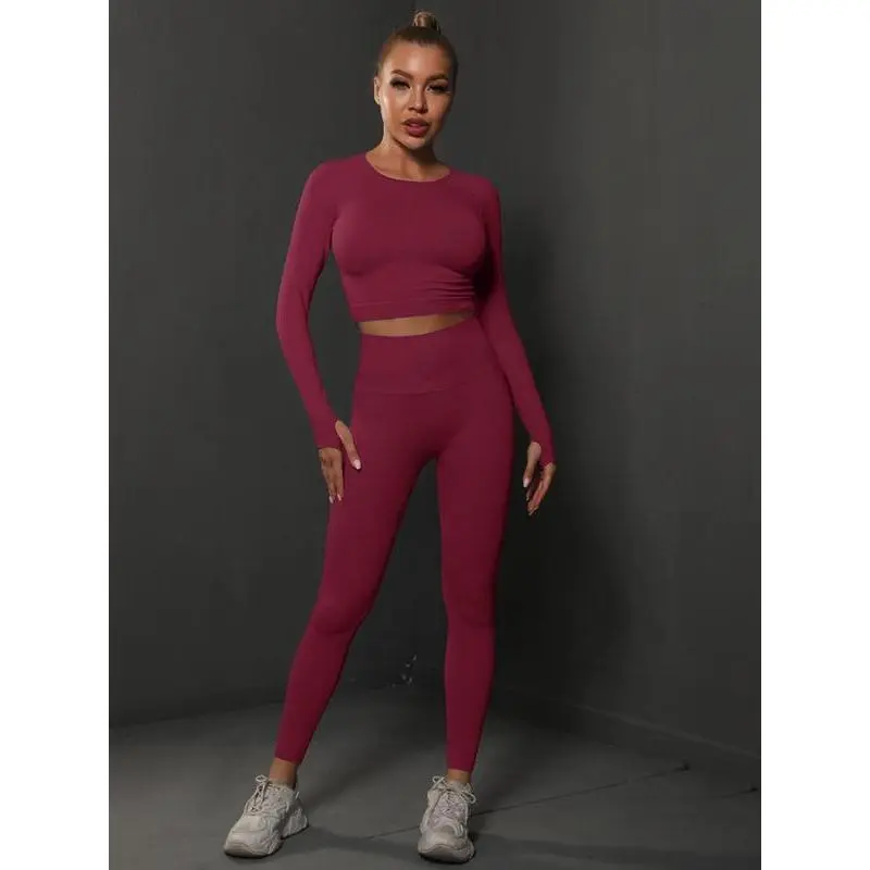 Women's Solid Long Sleeve Crop Top & High Waist Leggings Tracksuit Set, Casual Comfy Breathable Outfits for Yoga Gym Workout Running, Ladies Sportswear for All Seasons Women's Solid Long Sleeve Crop Top & High Waist Leggings Tracksuit Set, Casual Comfy Breathable Outfits for Yoga Gym Workout Running, Ladies Sportswear for All Seasons