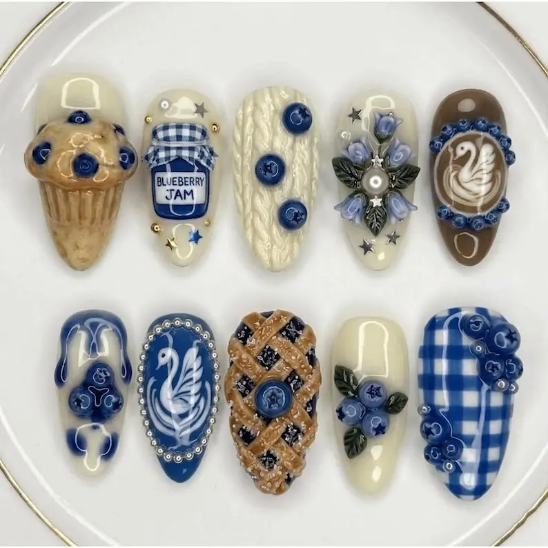 Blueberry Dessert Press On Nails 3D Jam Jar Muffin Pie Design Cute Food Kawaii Sweet Nails Set