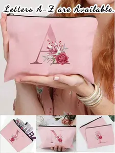 Women's Pink Cosmetic Bag, Multi-functional Clutch Bag. Available with 26 Initial Letters to Choose From, Zipper Closure. Perfect for Storing Everyday Cosmetics, A Versatile Solid-Color Women's Bag. A Great Gift for Mom.