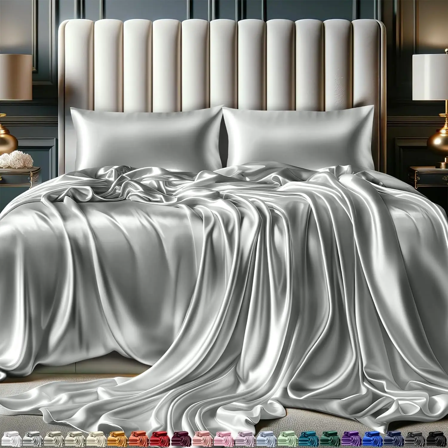 DECOLURE 4-Piece Satin Bed Sheet Set - Silky Fitted Sheet, Hypoallergenic, Double Stitched, Wrinkle-Free, 15" Deep Pockets, Elastic Edges for Secure Fit, Luxuriously Soft Bedding