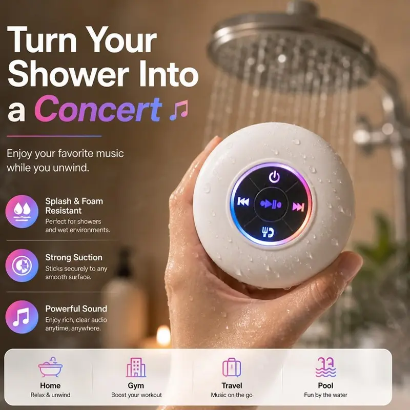 Bluetooth Shower Speaker with LED – Portable Wireless Mini Speaker with Mic & Suction Cup, IPX4 Water Resistant for Shower, Travel, Pool, River Floating, and Outdoor Fun