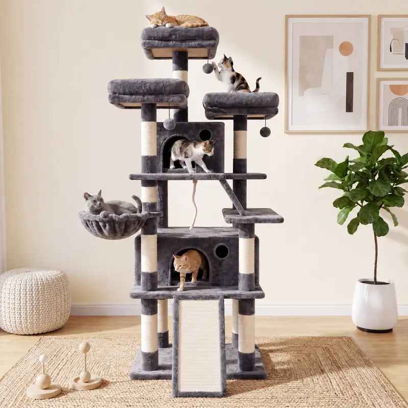 PurrFest 70 Inches Cat Tree House with Condo Scratching Post Multi-Level Towers for Cats Warm Stable Solid Design