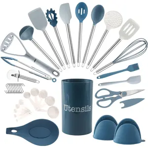 Silicone Cooking Utensils, Kitchen Utensil Set, Easy to Clean Silicone Kitchen Utensils, Cooking Utensils for Nonstick Cookware, Kitchen Gadgets Set, 38 Piece, Blue and White