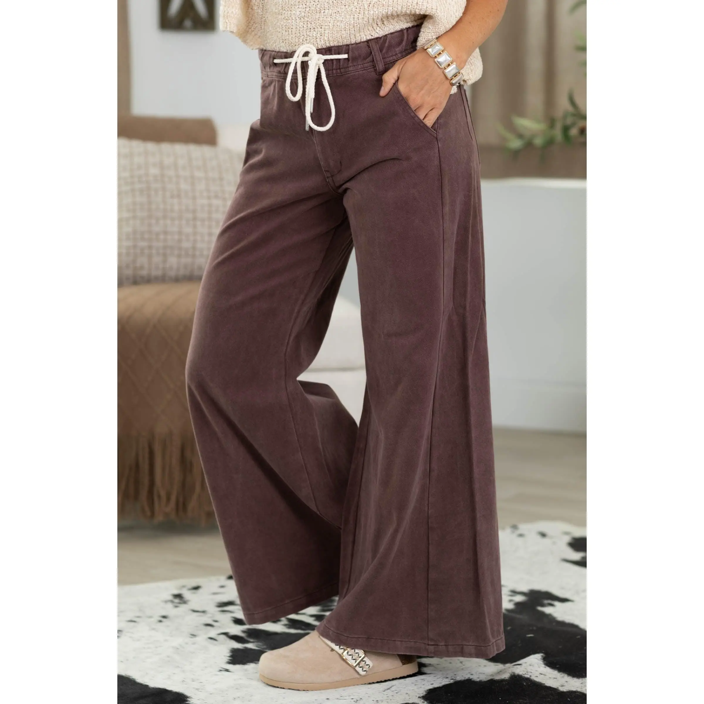 Drawstring Wide Leg Twill Pants