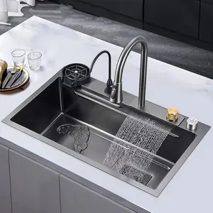 32"x18" Stainless Steel Kitchen Sink With Waterfall Feature - Single Basin, Built-In/Under Countertop Design, Includes Faucet & Accessories Kitchen Faucets For Sinks Kitchen Sink Faucet