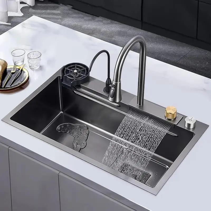 32"x18" Stainless Steel Kitchen Sink With Waterfall Feature - Single Basin, Built-In/Under Countertop Design, Includes Faucet & Accessories Kitchen Faucets For Sinks Kitchen Sink Faucet