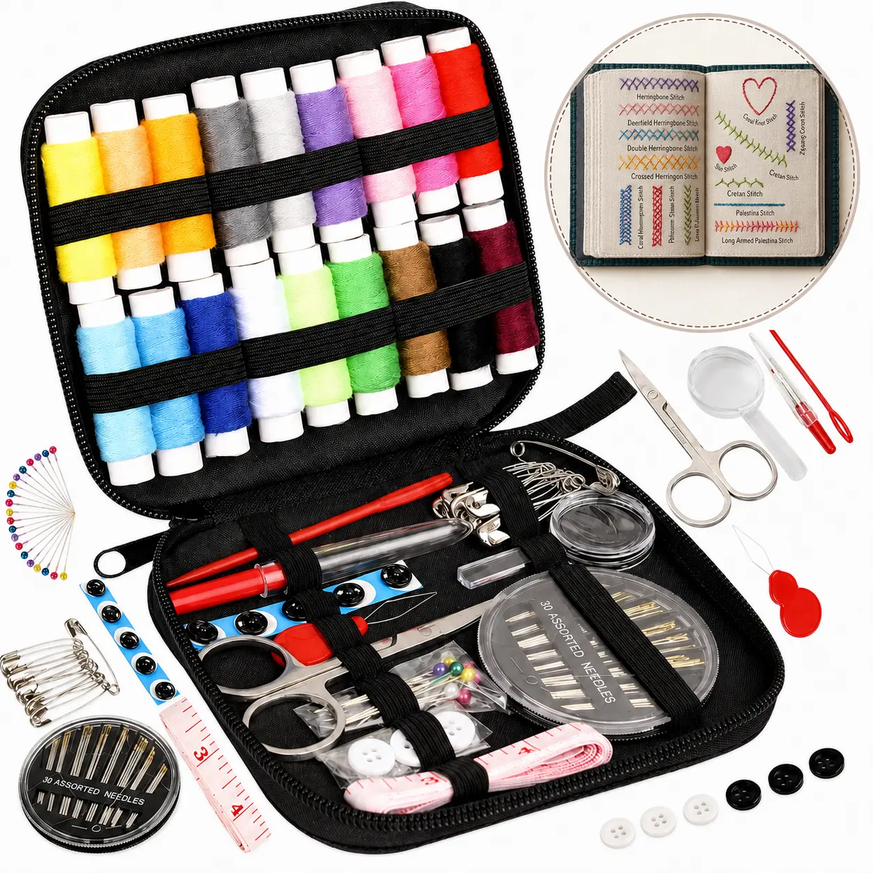 86Pcs Professional DIY Crafts Sewing Kit with Lightweight Compact Organizer Pouch, Random Colorful Smooth Needles, Tough Threads, Organized Durable Multifunctional Supplies for Adults Home Use & Travel