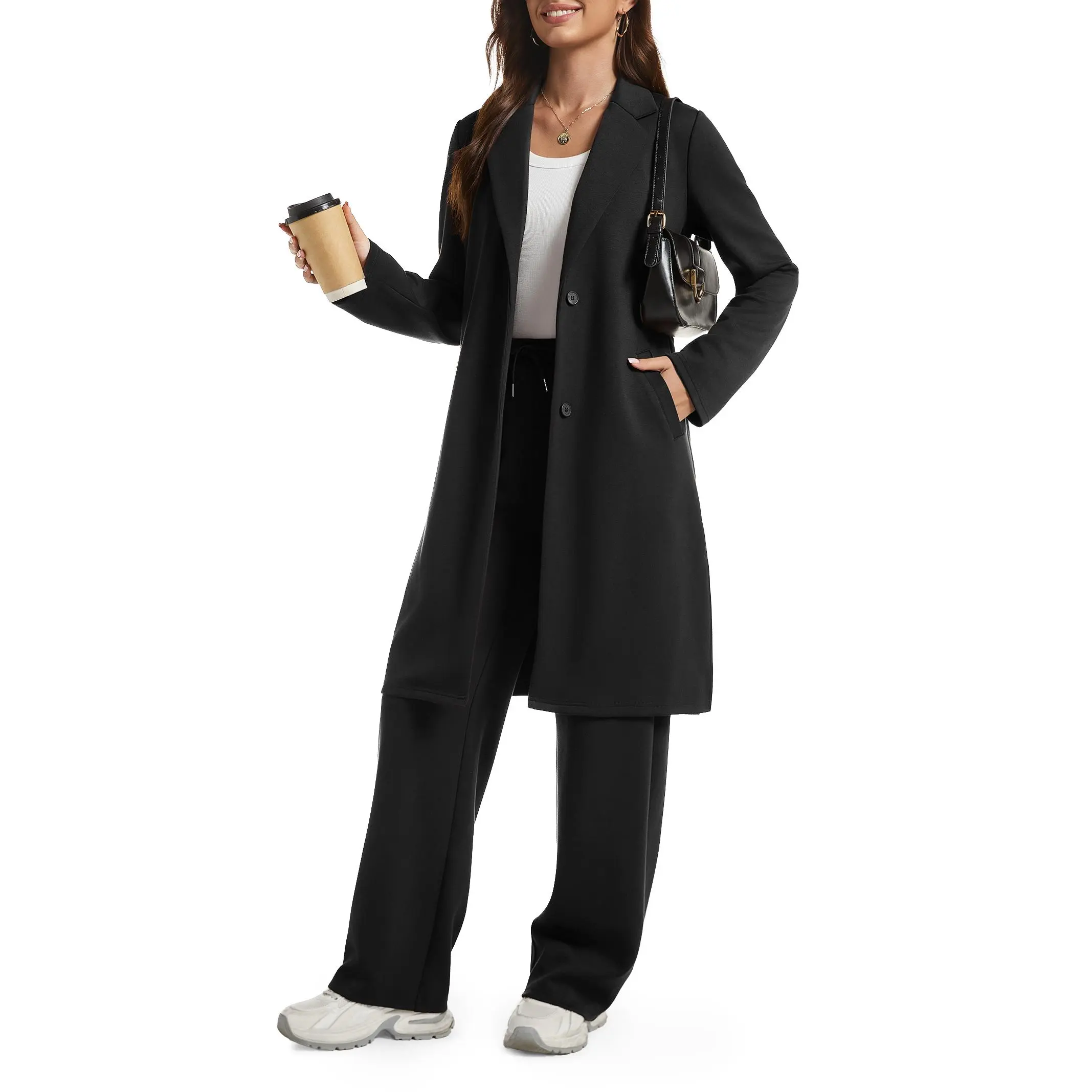 Women's 2-Piece Minimalist Navy Loungewear Set - Longsleeves Breathable Soft Elastane Coatigan, Wide Leg Pockets Leg Pants, Matching Winter Dressy Casual Outfits for Outdoor Activities, Airport Outfits, 2 Piece Sets, Women 2 Piece Sets