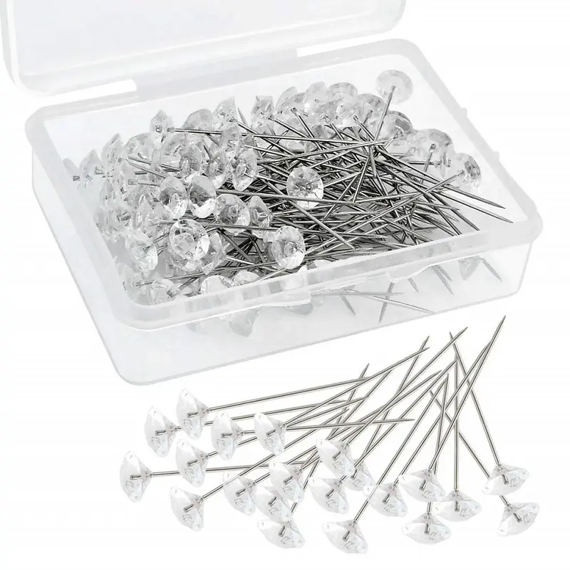 100pcs Diamond Head Pins, 8x38mm Clear Floral Arrangement Pins for Wedding Bouquets & Crafts, Sewing Accessories and Supplies, Patchwork fixed positioning pearlescent needle, Crafting Sewing Tools
