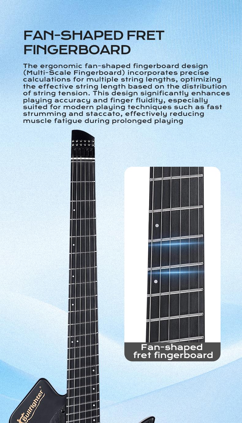 Bullfighter D350 Headless Electric Guitar – 24 Fanned Multi-Scale, Kill Switch Button for Stutter Effects, Pull-Push Coil Split, Lightweight Okoume Body – Modern Ergonomic Design for Technical Players