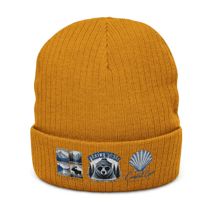 Embroidered Coastal Icons Ribbed Beanie — Shell, Lighthouse & Seal Knit Hat