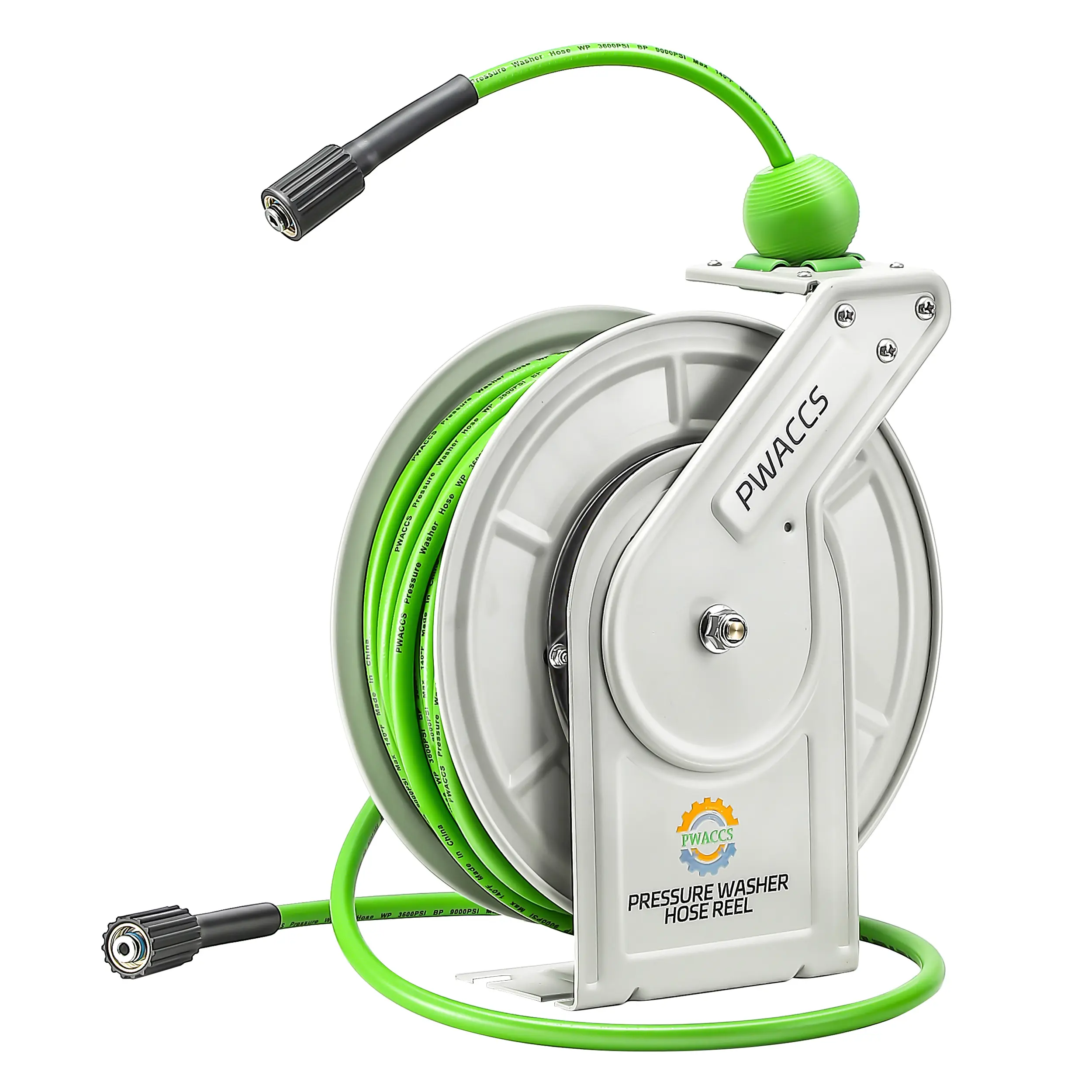PWACCS Heavy Duty Steel Garden Retractable Hose Reel - 1/4"-60 ft, 3600 PSI High Pressure, Auto Rewind, Wall/Floor Mounted, Connector & Stop Ball Lock Included, Car Washing Power Washer Accessory, Father's Day Gift, 1/4"-60Ft