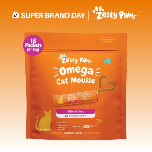 Zesty Paws Omega Cat Mousse - Tasty Topper or Treat for Healthy Skin & Coat, 18 Stick Packs, Omega-3 & 6, Vitamins, Minerals, Antioxidants Supplements