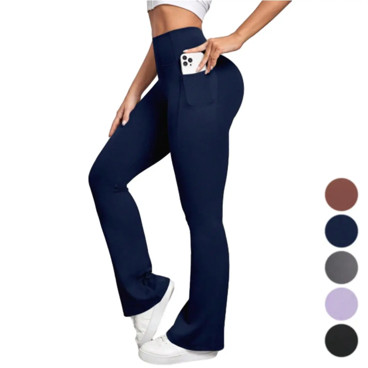 Women's Flare Leggings with Pockets, Soft High Waisted Yoga Pants with Tummy Control, Stylish Gym Exercise Activewear, High Waists Leggings, Regular Size, Light Nylon, Moisture-Wicking Fabric Women's Sports Leggings
