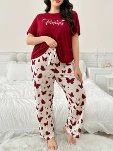 Women's Plus Size Soft Skin-Friendly Simple Butterfly Print Top and Bow Tie Long Pants Sleepwear Set, Casual Comfy Pajama, Ultra Comfortable Loungewear