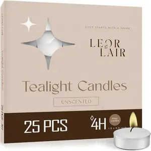 Leor & Lair Tea Lights Candles for Power Outage Emergency – 25 Pack – 4 Hour Long Burn Tealight Candle – Paraffin Palm Wax Blend – Tea Candles for Home, Spa, Dinner Table