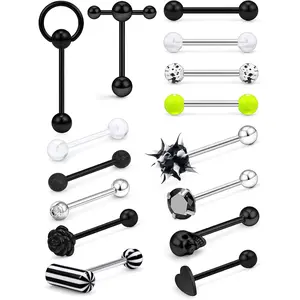 14G Surgical Steel Tongue Rings for Women Men Teaser Double Barbell with Slave Ring Skull/Flower/Silicone Soft Spike Ball/CZ/Door Knocker/Pill Tongue Ring Piercing Jewelry 5/8inch Black