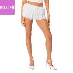 Women’s Layered Ruffle Shorts Casual Elastic Waist Bow Front Solid Color Lace Shorts Going Out Pants
