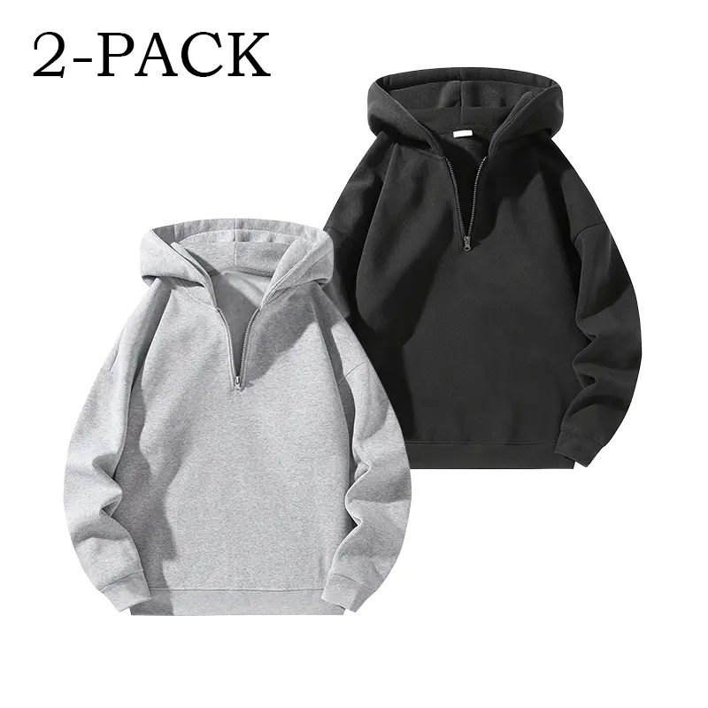 2 pcs, 100% polyester; unisex loose casual pullover hoodie for autumn/winter; solid color half-zip hooded sweatshirt; fully polyester, wrinkle-resistant, comfortable, loose, versatile casual top; relaxed half-zip hooded sweatshirt; loose; 100% polyester s
