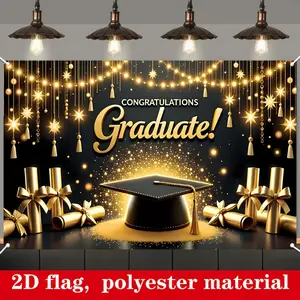 2D Flat Banner Polyester Photography Backdrop, HD Digitally Printed Black and Gold Graduation Theme Background Cloth with Cap and Diplomas, Soft Lightweight Foldable for Graduation Party, Celebration, Photo Booth, and Event Decor