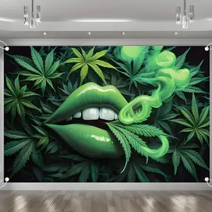 Funny Green Lips Marijuana Leaf Backdrop Banner Tapestry, Psychedelic Crazy Party Decorations, Durable Polyester Fabric Photo Booth Prop, Reusable Easy to Clean, Perfect for Adult Party, Man Cave, Home Decor, Gift for Psychedelic Party Enthusiasts