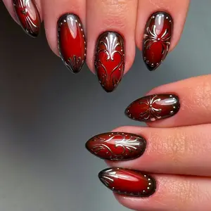 24 Pieces Press-On Nails, Retro Red Black Gradient Almond Shape False Nails with Heart Design, Includes Jelly Glue and File, Nail Art Products
