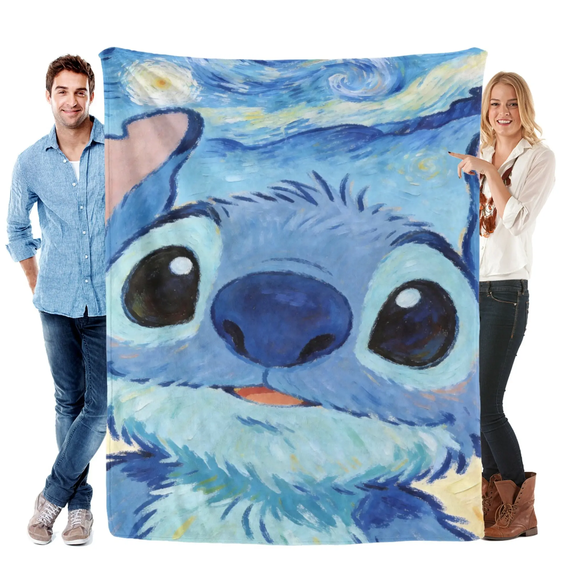 [SummerVibes] DISNEY CLASSIC Stitch Starry Night Art Flannel Blanket, 2D Flat Print Throw for Home, Couch, Office Nap & Decor