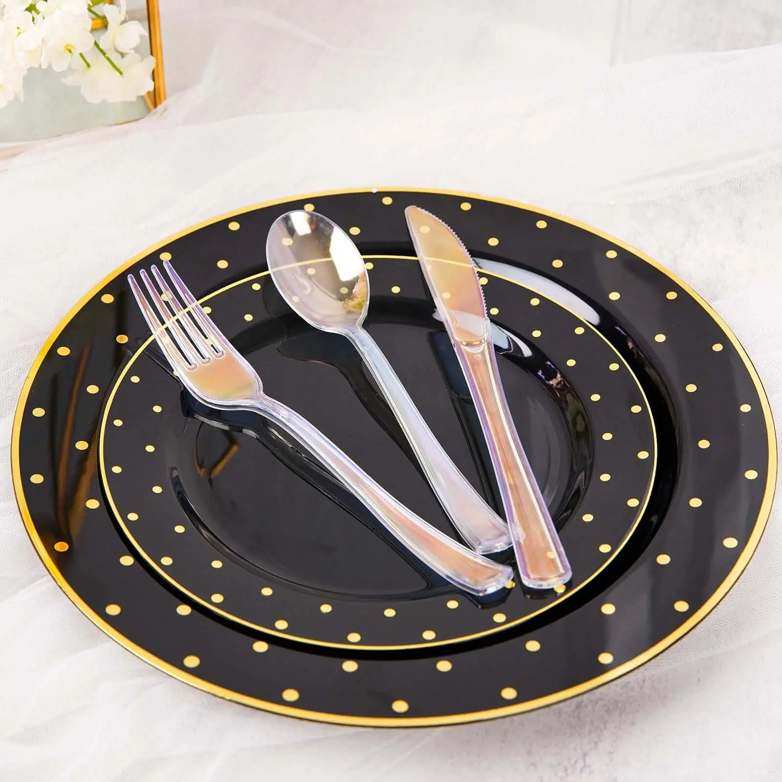 24-Piece Casual Iridescent Plastic Cutlery Dinnerware Set - Disposable Silverware with Spoons, Everyday Tableware Set for Events, Hand Wash Compatible