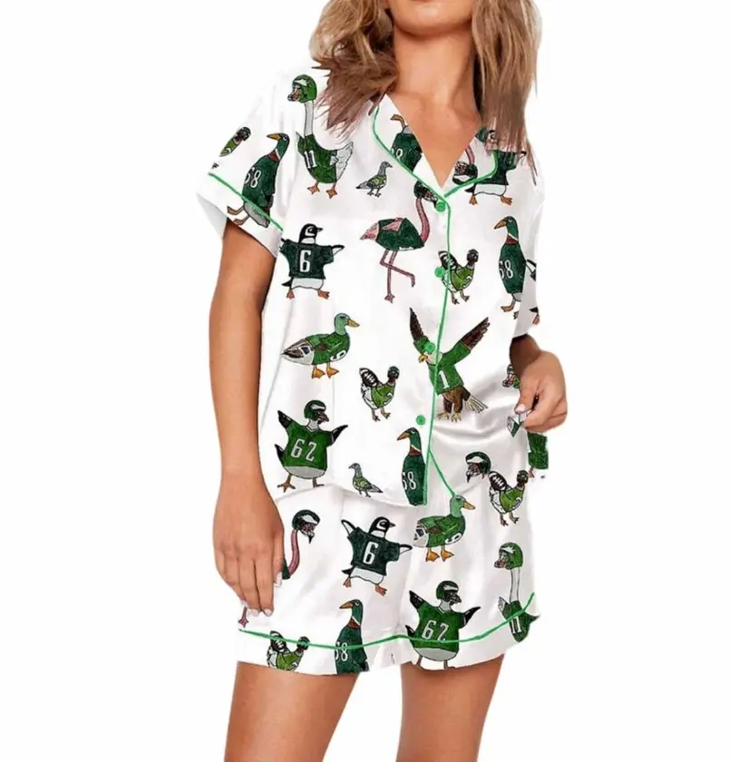 Philphia Football Bird Gang Champions 2025 Pajama Set, Satin Pyjamas Set Women's Two-piece  Short Pajamas Set, Casual Comfy Short Sleeve Top & Shorts Pajamas Set, Ladies Sleepwear for Summer