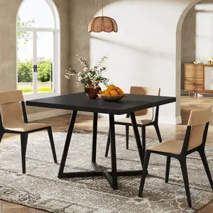 LITTLE TREE Square Dining Table for 2, 31.5" Industrial Dinner Table with Metal Base, Kitchen Table for Dining Room, Small Space, Apartment, Black
