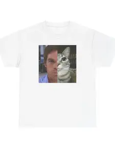 Funny Cat Expression Dext Morgan T-Shirt, Unisex Loose Fit, Suitable for Dexter Fans and TV Show Enthusiasts, Trendy Cartoon Pattern Top