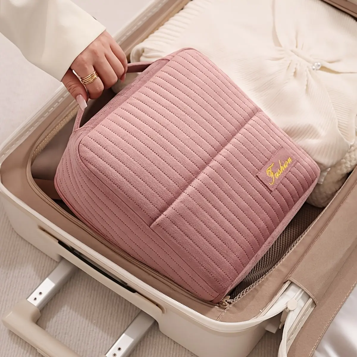 Large Capacity Velvet Makeup Bag Standing Cosmetics Organizer Toiletry Beauty Storage Pouch, Portable Travel Makeup Case Wedding Emergency Kit with Sturdy Handle, Elegant Holiday Birthday Gift for Women Girls