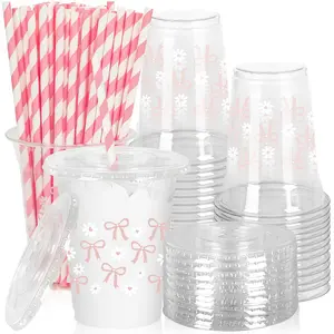 Cute Bowknot Daisy Party Cups, Straws & Lids, Disposable Tableware for Women Events, Wedding, New Year, Christmas