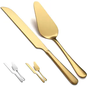 Wedding Cake Knife and Server Set, Gold Titanium Plating Stainless Steel Cake Cutting Set For Wedding Include Cake Cutter And Cake Server Perfect For Wedding, Birthday, Dishwasher Safe