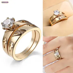Unisex Minimalist Embercraft Polished Alloy Gold-Plated Cubic Zirconia Cross Ring - Lightweight, Dainty, Sparkly Faith Jewelry, Meaningful Anniversary Gift for Daily Wear