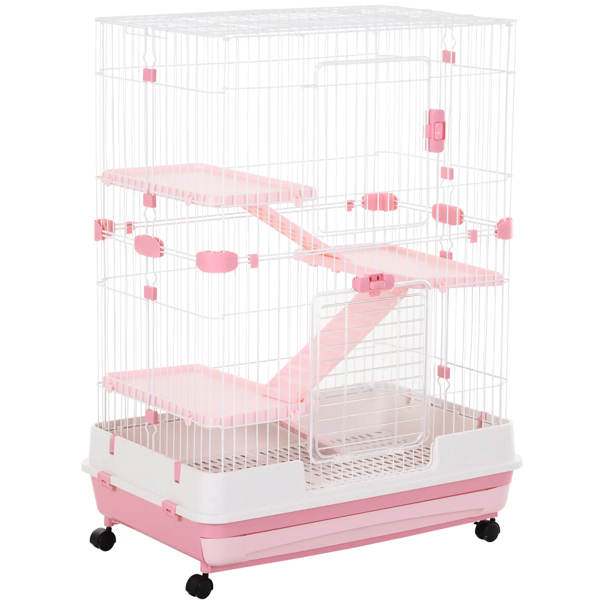 32" 4-Level Rabbit Hutch – Wheels, Slide-Out Tray, 2 Openings. Metal Wire & PP, 0.95" Bar Spacing. For Bunny, Chinchillas, Ferret. Pink