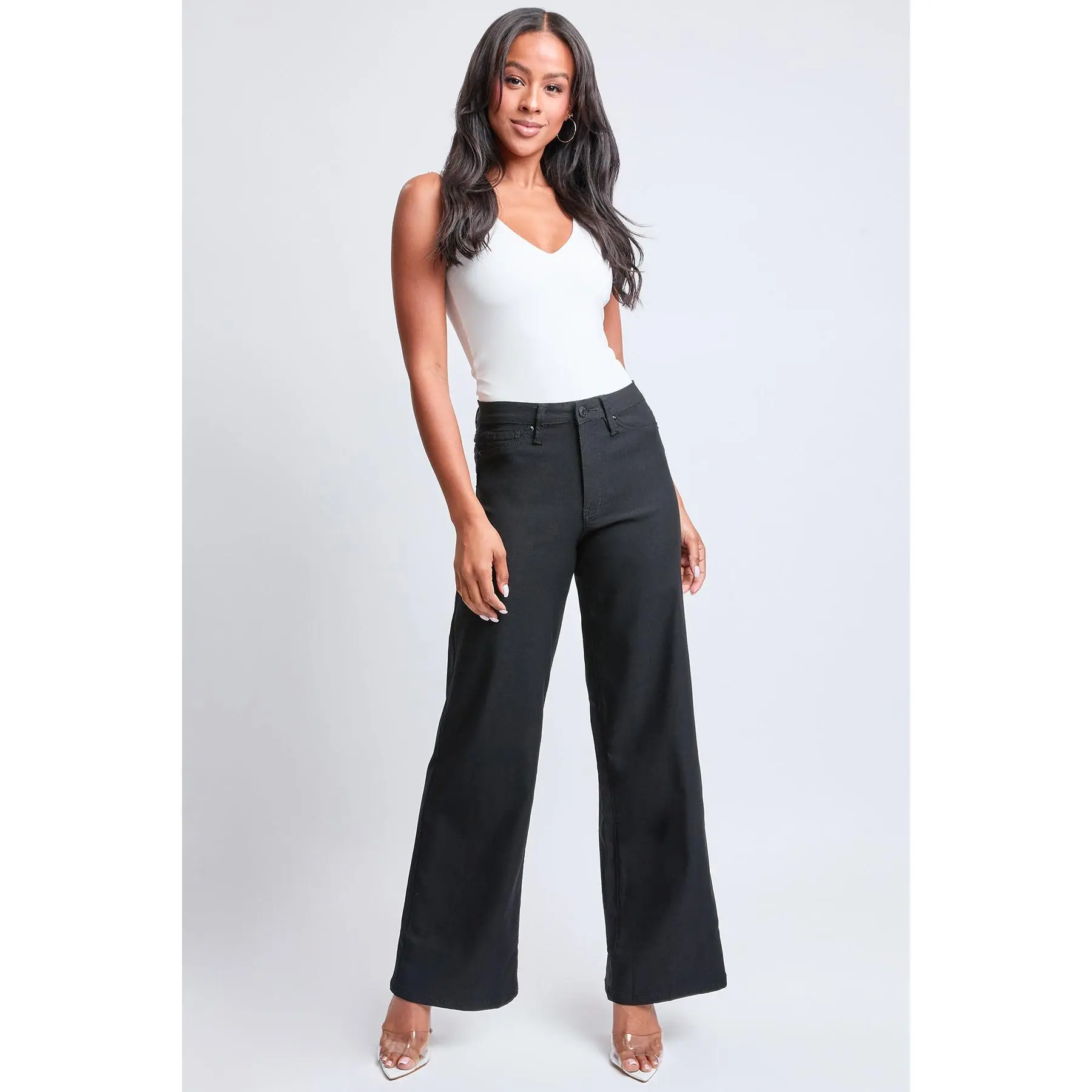 Women's Hyperstretch Wide Leg Jeans - Spandex Fabric, Comfortable, Casual, Belt-Compatible, With Buttons & Pockets, Fitted Basic Bottom For Daily Wear